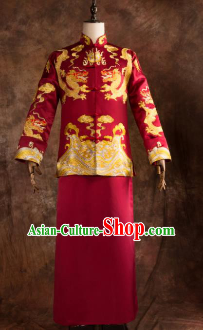 Chinese Traditional Wedding Costumes Bridegroom Embroidered Dragon Tang Suit Red Gown for Men