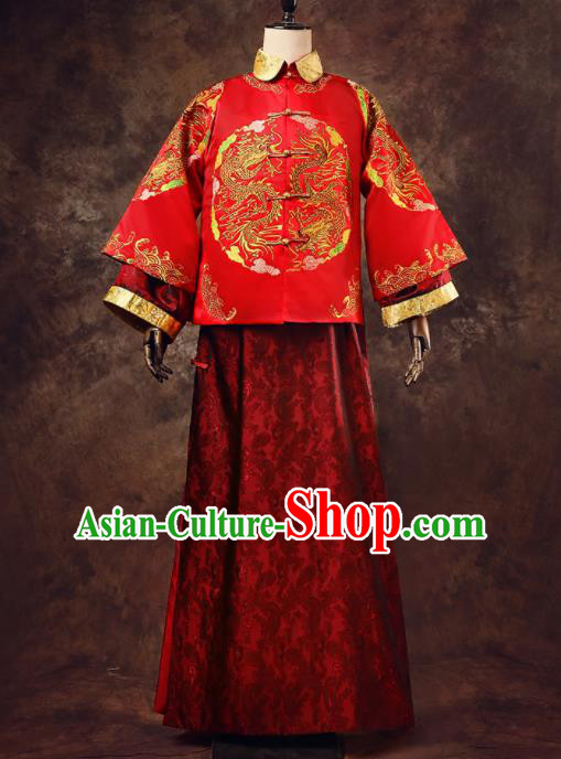 Chinese Ancient Traditional Wedding Costumes Bridegroom Embroidered Tang Suit Red Gown for Men