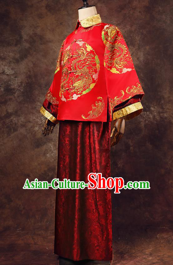 Chinese Ancient Traditional Wedding Costumes Bridegroom Embroidered Tang Suit Red Gown for Men