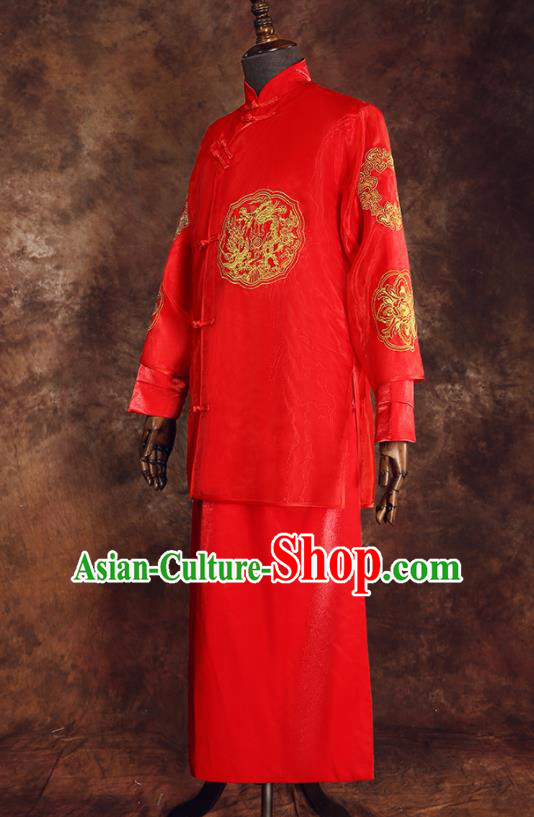 Chinese Ancient Traditional Wedding Costumes Bridegroom Tang Suit Red Gown for Men