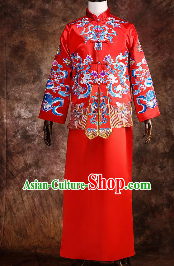 Chinese Traditional Wedding Costumes Red Mandarin Jacket Long Robe Ancient Bridegroom Tang Suit for Men