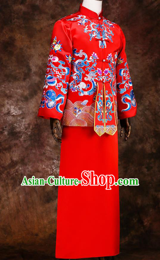 Chinese Traditional Wedding Costumes Red Mandarin Jacket Long Robe Ancient Bridegroom Tang Suit for Men