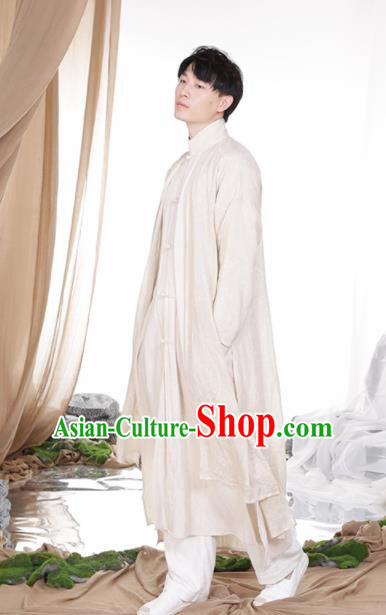 Chinese Traditional Tang Suit Costumes National White Linen Overcoat for Men