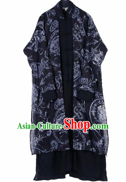 Chinese Traditional Tang Suit Costumes National Navy Linen Overcoat for Men