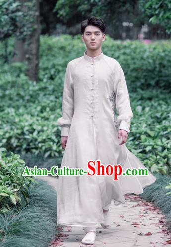 Chinese Traditional Tang Suit Costumes National White Long Gown Overcoat for Men