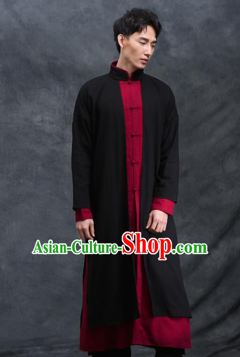 Chinese Traditional Tang Suit Costumes National Black Linen Plated Buttons Overcoat for Men