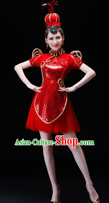 Chinese Traditional Folk Dance Costumes Drum Dance Group Dance Red Dress for Women