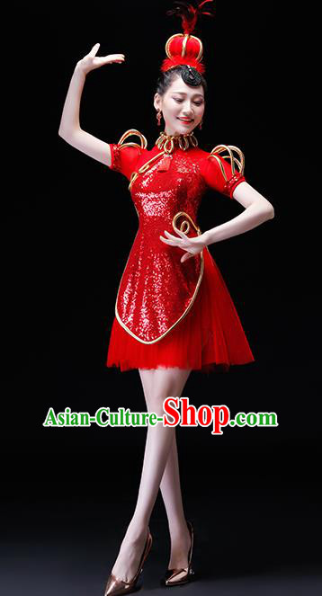 Chinese Traditional Folk Dance Costumes Drum Dance Group Dance Red Dress for Women