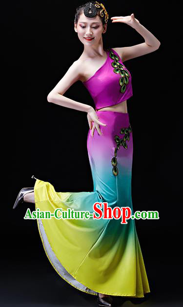 Chinese Traditional Folk Dance Costumes Peacock Dance Group Dance Purple Dress for Women