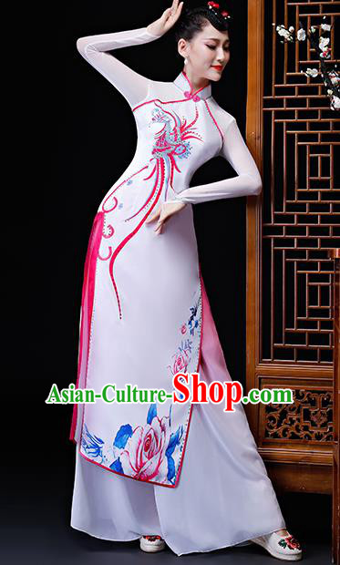 Chinese Traditional Classical Dance Costumes Umbrella Dance Group Dance White Dress for Women