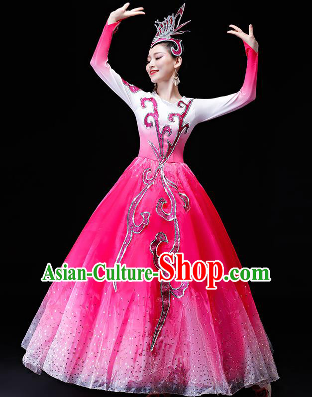 Professional Modern Dance Costumes Opening Dance Stage Show Pink Dress for Women