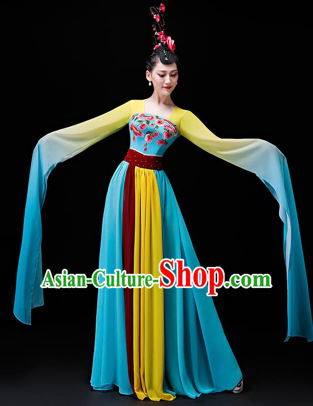 Chinese Traditional Classical Dance Costumes Umbrella Dance Group Dance Blue Water Sleeve Dress for Women