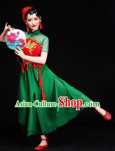 Chinese Traditional Folk Dance Costumes Yangko Dance Group Dance Green Dress for Women