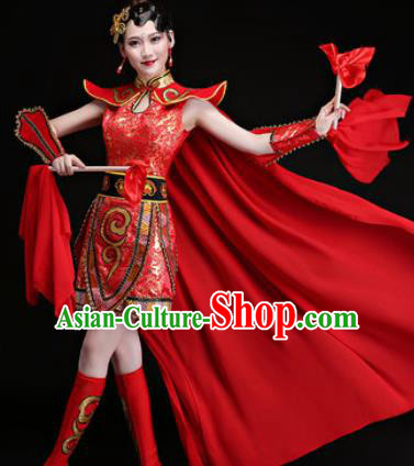 Chinese Traditional Folk Dance Yangko Costumes Drum Dance Group Dance Red Dress for Women