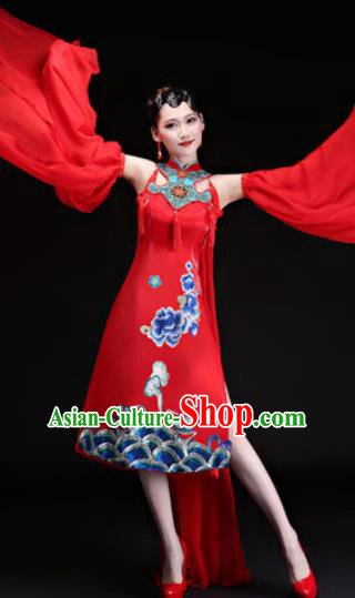 Chinese Traditional Folk Dance Yangko Costumes Drum Dance Red Dress for Women