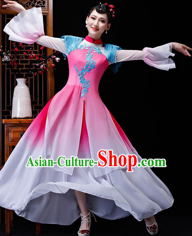 Chinese Traditional Classical Dance Costumes Umbrella Dance Group Dance Pink Dress for Women