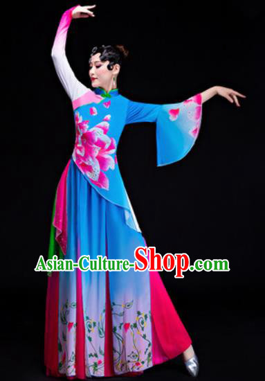 Chinese Traditional Folk Dance Yangko Costumes Drum Dance Blue Dress for Women