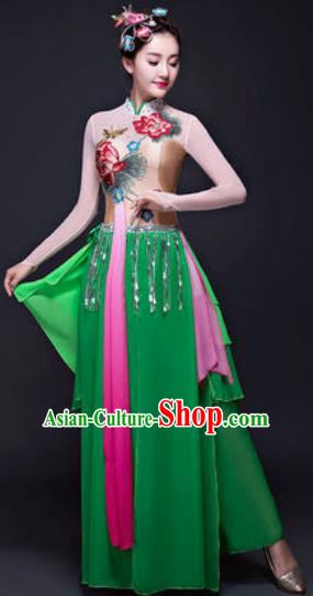 Chinese Traditional Classical Dance Lotus Dance Costumes Umbrella Dance Green Dress for Women