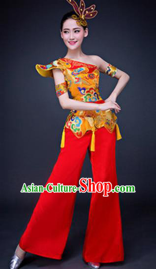 Chinese Traditional Folk Dance Costumes New Year Drum Dance Group Dance Red Clothing for Women