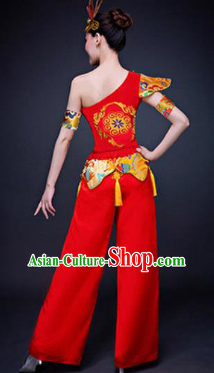 Chinese Traditional Folk Dance Costumes New Year Drum Dance Group Dance Red Clothing for Women