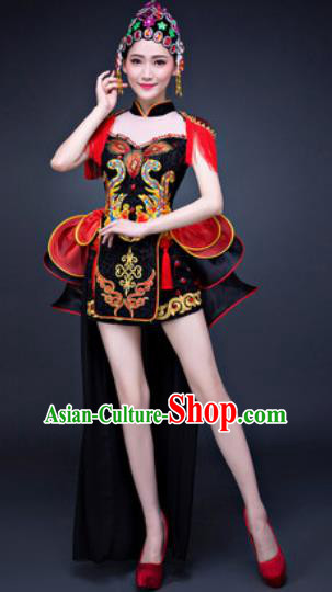 Chinese Traditional Folk Dance Costumes New Year Drum Dance Black Dress for Women