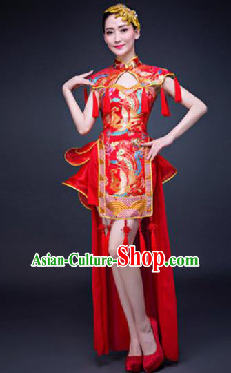 Chinese Traditional Folk Dance Costumes New Year Drum Dance Red Dress for Women
