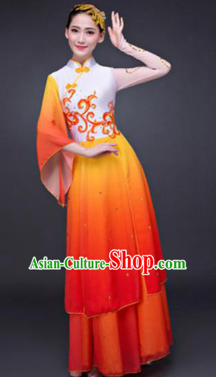 Chinese Traditional Umbrella Dance Costumes Classical Dance Lotus Dance Orange Dress for Women