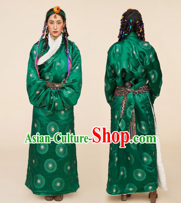 Traditional Chinese Zang Nationality Dance Costumes Ethnic Folk Dance Green Tibetan Robe for Women