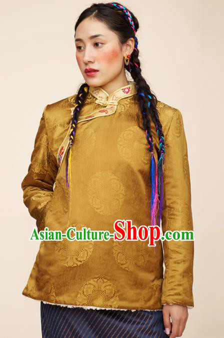 Traditional Chinese Zang Nationality Dance Costumes Ethnic Folk Dance Tibetan Golden Jacket for Women