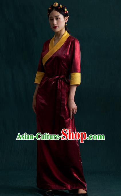 Traditional Chinese Zang Nationality Dance Costumes Wine Red Tibetan Robe Ethnic Folk Dance Dress for Women