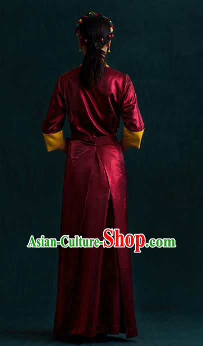 Traditional Chinese Zang Nationality Dance Costumes Wine Red Tibetan Robe Ethnic Folk Dance Dress for Women