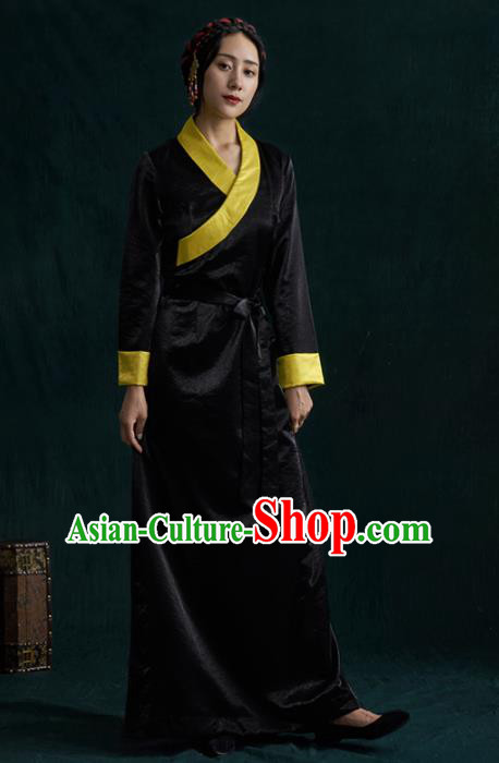 Traditional Chinese Zang Nationality Dance Costumes Black Tibetan Robe Ethnic Folk Dance Dress for Women