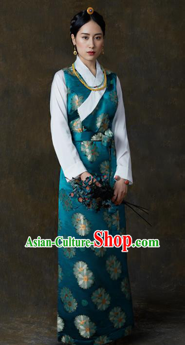Traditional Chinese Zang Nationality Dance Costumes Blue Tibetan Robe Ethnic Folk Dance Dress for Women