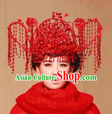 Chinese Ancient Bride Red Phoenix Coronet Wedding Hair Accessories Hairpins Headwear for Women