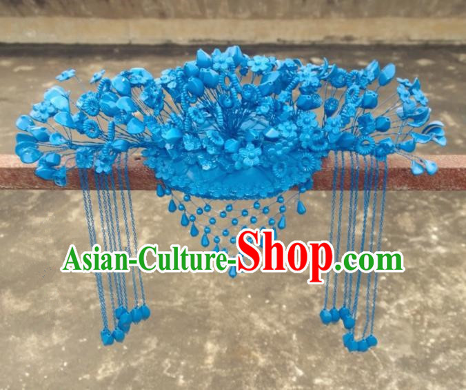 Chinese Ancient Bride Blue Phoenix Coronet Wedding Hair Accessories Hairpins Headwear for Women