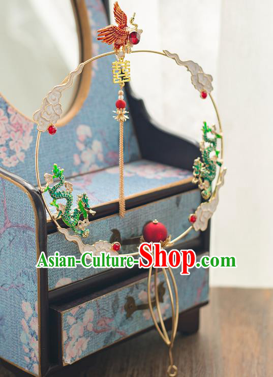 Chinese Ancient Wedding Accessories Bride Palace Fans Handmade Green Dragons Round Fan for Women