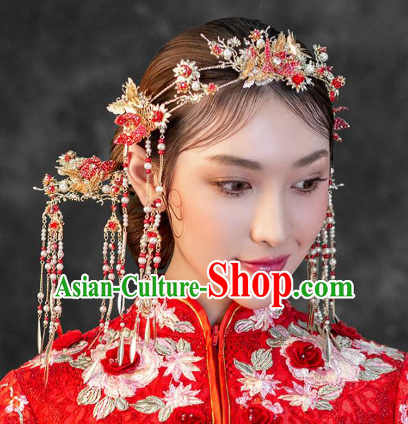 Chinese Ancient Wedding Hair Accessories Bride Red Pomegranate Phoenix Coronet Hairpins Headwear for Women