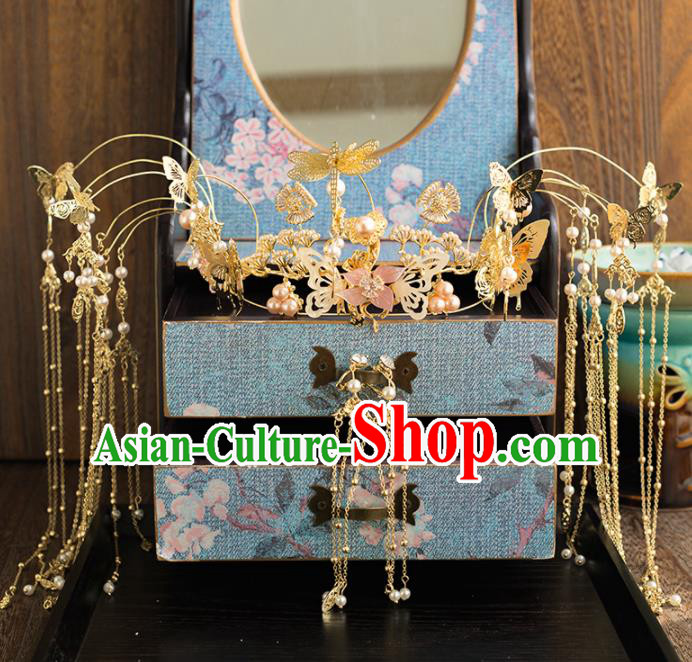 Chinese Ancient Wedding Hair Accessories Bride Golden Tassel Phoenix Coronet Hairpins Headwear for Women
