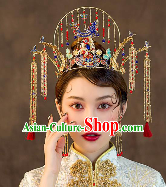 Chinese Ancient Wedding Hair Accessories Palace Cloisonne Phoenix Coronet Bride Hairpins Headwear for Women