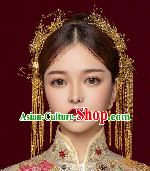 Chinese Ancient Wedding Hair Accessories Golden Tassel Step Shake Bride Hairpins Headwear for Women