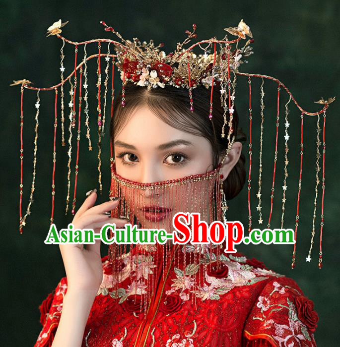 Chinese Ancient Wedding Hair Accessories Red Tassel Phoenix Coronet Bride Hairpins Headwear for Women