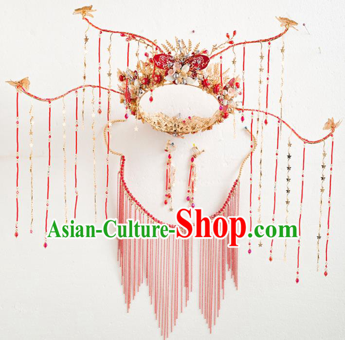 Chinese Ancient Wedding Hair Accessories Red Tassel Phoenix Coronet Bride Hairpins Headwear for Women
