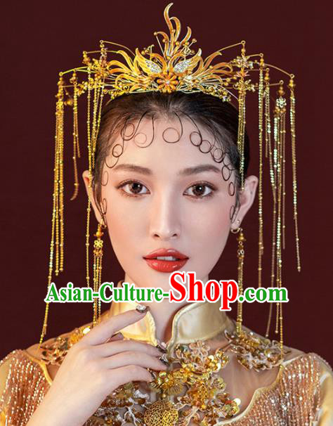 Chinese Ancient Wedding Hair Accessories Luxury Golden Tassel Phoenix Coronet Bride Hairpins Headwear for Women