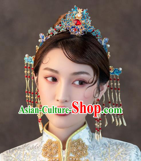 Chinese Ancient Wedding Hair Accessories Luxury Cloisonne Phoenix Coronet Bride Hairpins Headwear for Women