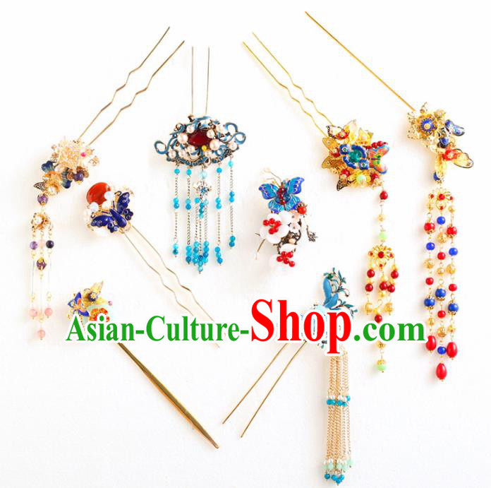 Chinese Ancient Bride Wedding Hair Accessories Blueing Hair Clips Tassel Hairpins Headwear for Women