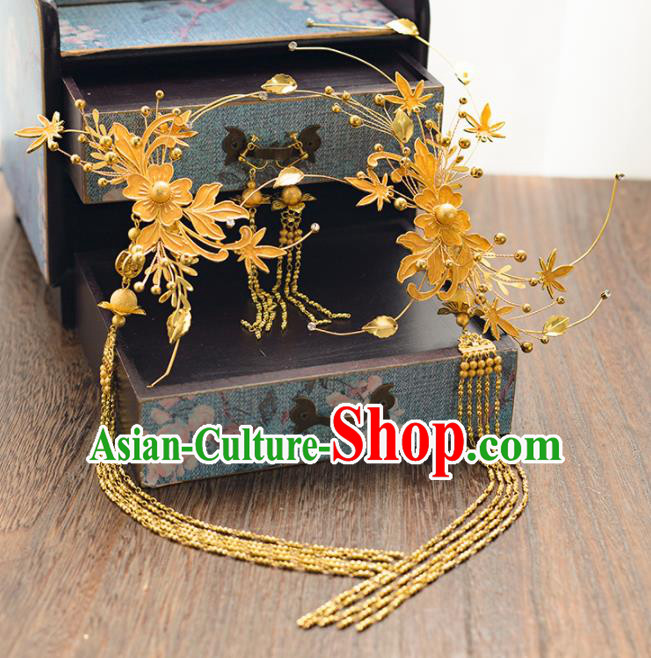 Chinese Ancient Bride Wedding Hair Accessories Golden Hair Clasp Tassel Hairpins Headwear for Women