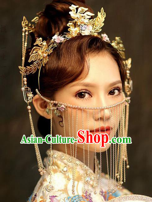 Chinese Ancient Bride Golden Hair Clasp Wedding Hair Accessories Hairpins Headwear for Women