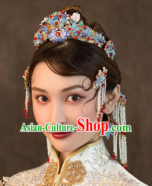 Chinese Ancient Bride Blueing Hair Crown Wedding Hair Accessories Hairpins Headwear for Women