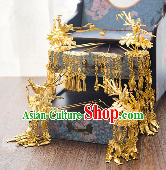 Chinese Ancient Bride Golden Tassel Hair Clips Wedding Hair Accessories Hairpins Headwear for Women