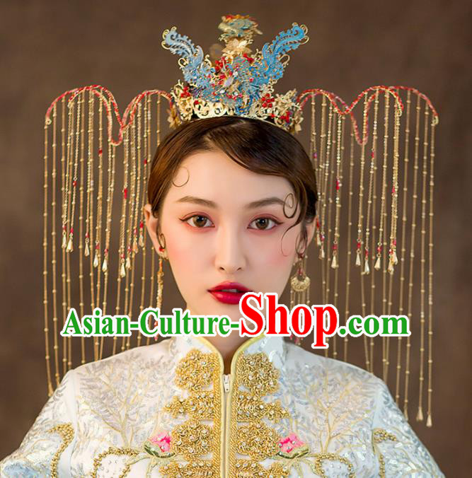 Chinese Ancient Queen Wedding Hair Accessories Luxury Cloisonne Phoenix Coronet Bride Hairpins Headwear for Women